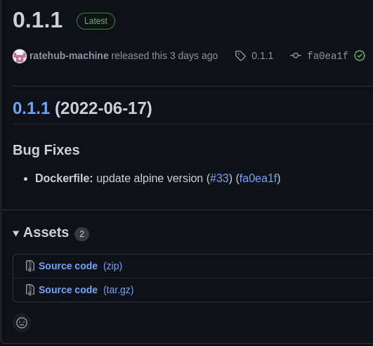 Screenshot of the `0.1.1` Github release for ratehub rate-scrapers repo with a Bug Fix for Dockerfile listed in the change notes.